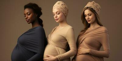 Three beautiful pregnant girls of different nationalities. Generative AI photo