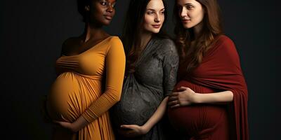 Tres embarazada muchachas de diferente nacionalidades, de cerca. generativo ai foto