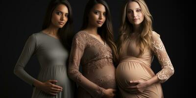 Tres embarazada muchachas de diferente nacionalidades, de cerca. generativo ai foto