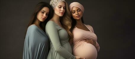 Three pregnant girls of different nationalities, space for text. Generative AI photo