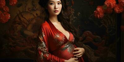 Pregnant beautiful Asian girl close-up. Generative AI photo