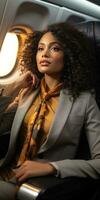 African woman on a plane in a business suit. Generative AI photo