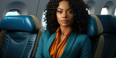 africano mujer en un avión en un negocio traje. generativo ai foto