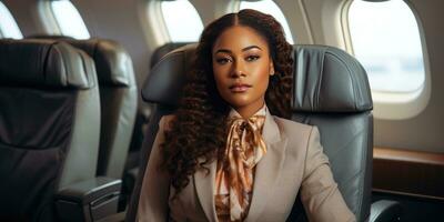 African woman on a plane in a business suit. Generative AI photo