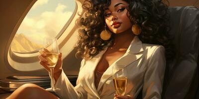 Gorgeous African woman on an airplane with a glass of champagne. Generative AI photo