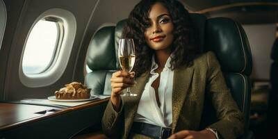 Gorgeous African woman on an airplane with a glass of champagne. Generative AI photo