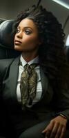 africano mujer en un avión en un negocio traje. generativo ai foto