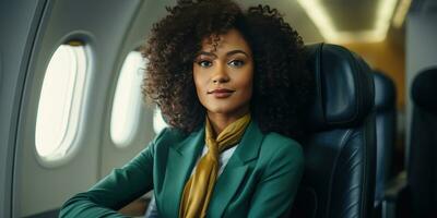 African woman on a plane in a business suit. Generative AI photo