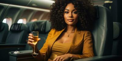 maravilloso africano mujer en un avión con un vaso de champán. generativo ai foto