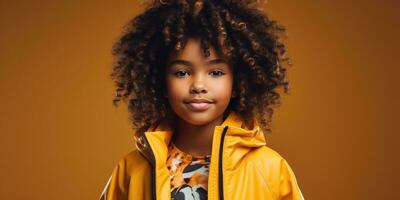 African girl in a yellow sweater on a yellow background. Generative AI photo