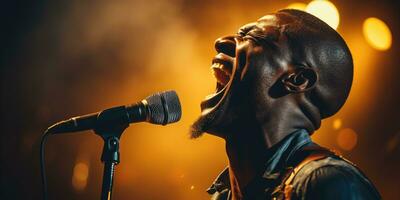 africano hombre canta en karaoke generativo ai foto