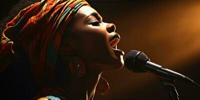 joven africano mujer canta en karaoke generativo ai foto