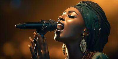 Young African woman sings in karaoke. Generative AI photo