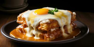 National dish of Portugal, francesinha. Dish close-up. Generative AI photo