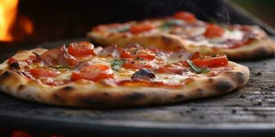 Tasty appetizing pizza close-up. Generative AI photo