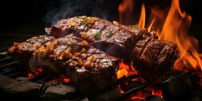 delicioso apetitoso alimento. plato de cerca. carne, papas, parrilla. generativo ai foto