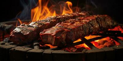 delicioso apetitoso alimento. plato de cerca. carne, papas, parrilla. generativo ai foto