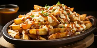 Canada's national dish, poutine. Close-up dish, potatoes and cheese. Generative AI photo