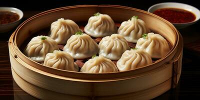 China's national dish, Xiao Long Bao. Dish close-up. Dumplings. Generative AI photo
