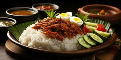 The national dish of Malaysia, nasi lemak. Dish close-up. Generative AI photo