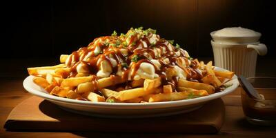 canadá nacional plato, poutine. de cerca plato, patatas y queso. generativo ai foto