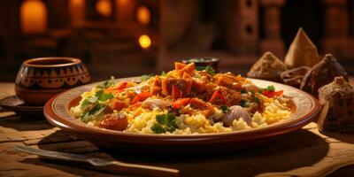 The national dish of Saudi Arabia, the kasbah. Dish close-up. Generative AI photo