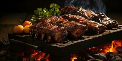 delicioso apetitoso alimento. plato de cerca. carne, papas, parrilla. generativo ai foto