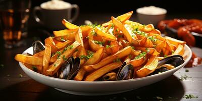 Belgian national dish, mussels with french fries. Dish close-up. Generative AI photo