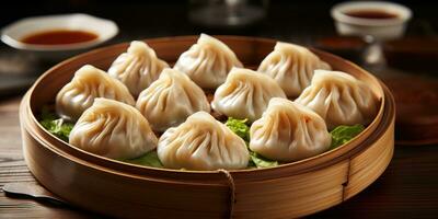 China's national dish, Xiao Long Bao. Dish close-up. Dumplings. Generative AI photo