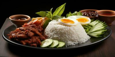 The national dish of Malaysia, nasi lemak. Dish close-up. Generative AI photo