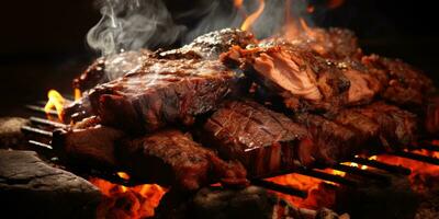 delicioso apetitoso alimento. plato de cerca. carne, papas, parrilla. generativo ai foto