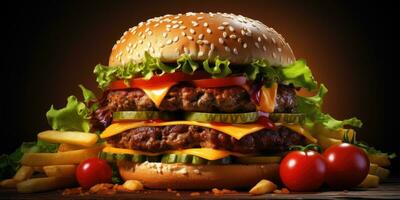 Hamburger close-up. Fast food. Generative AI photo