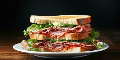 Sandwich on a plate close-up. Proper breakfast. Generative AI photo