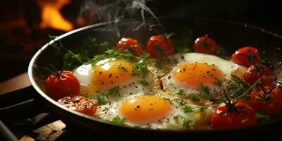 frito huevos con Tomates en un plato de cerca. generativo ai foto