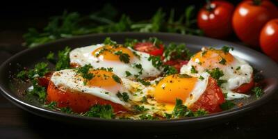Fried eggs with tomatoes on a plate close-up. Generative AI photo