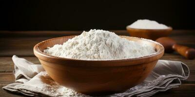 flour in a plate on a wooden table close-up. Generative AI photo