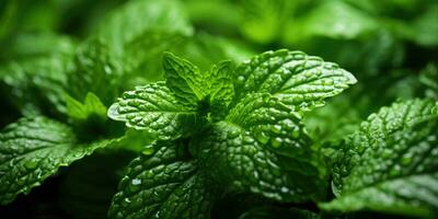 Fresh mint close-up. Dew drops on leaves. Vegetarian theme. Generative AI photo