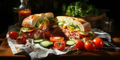 Closeup sandwich, fast food. Generative AI photo