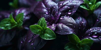 Beautiful basil close-up. Dew drops on leaves. Green and purple basil. Generative AI photo