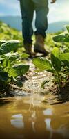 Man in rubber boots on the field close-up. Harvesting. Generative AI photo