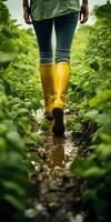 hombre en caucho botas en el campo de cerca. cosecha. generativo ai foto