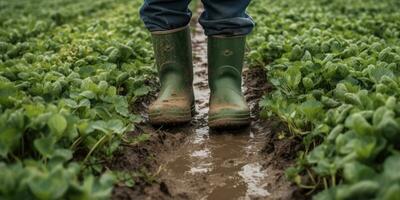 Man in rubber boots on the field close-up. Harvesting. Generative AI photo