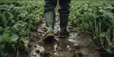 Man in rubber boots on the field close-up. Harvesting. Generative AI photo