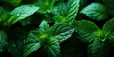 Fresh mint close-up. Dew drops on leaves. Vegetarian theme. Generative AI photo