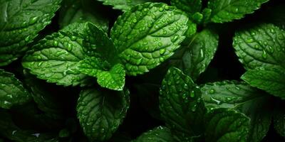 Fresh mint close-up. Dew drops on leaves. Vegetarian theme. Generative AI photo