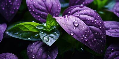 Beautiful basil close-up. Dew drops on leaves. Green and purple basil. Generative AI photo