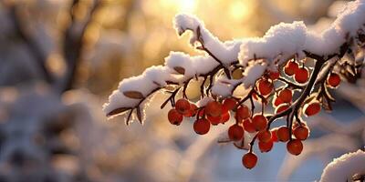 A bunch of mountain ash in winter on the snow. Winter photography. Generative AI photo