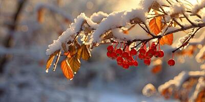 A bunch of mountain ash in winter on the snow. Winter photography. Generative AI photo