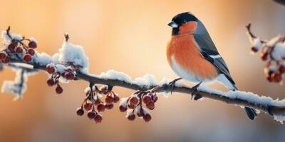 A bunch of mountain ash in winter on the snow. Winter photography. Bullfinch on a branch. Generative AI photo