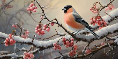 A bunch of mountain ash in winter on the snow. Winter photography. Bullfinch on a branch. Generative AI photo